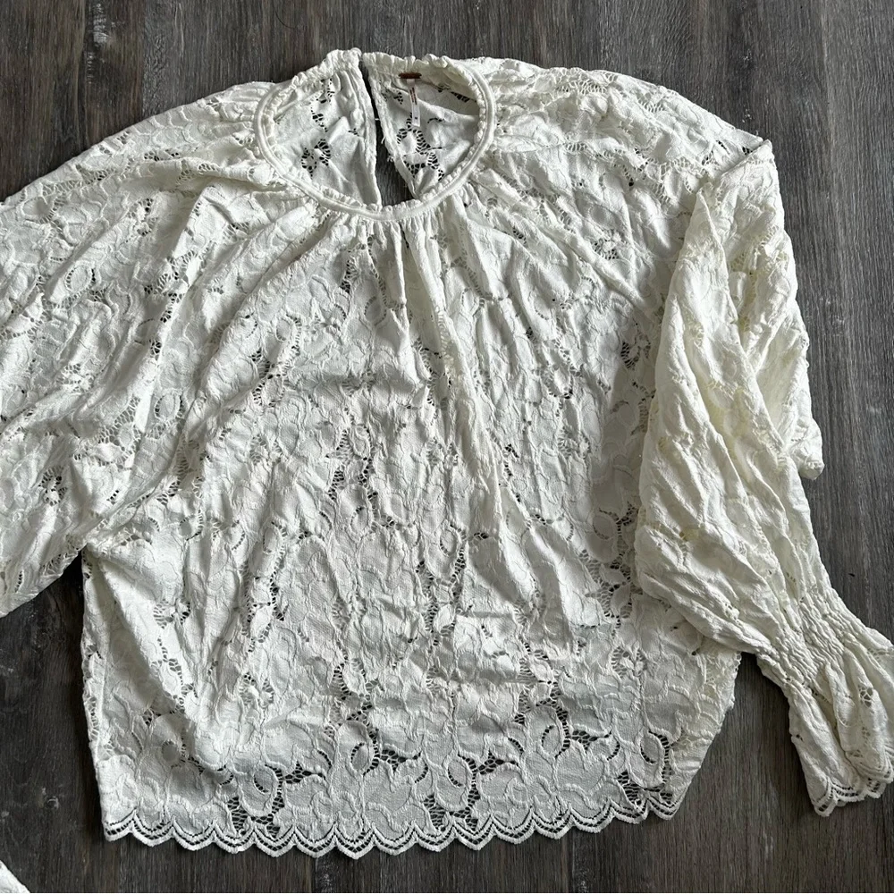 Free People Tea Time Cropped Balloon Sleeve White Top Size Medium
